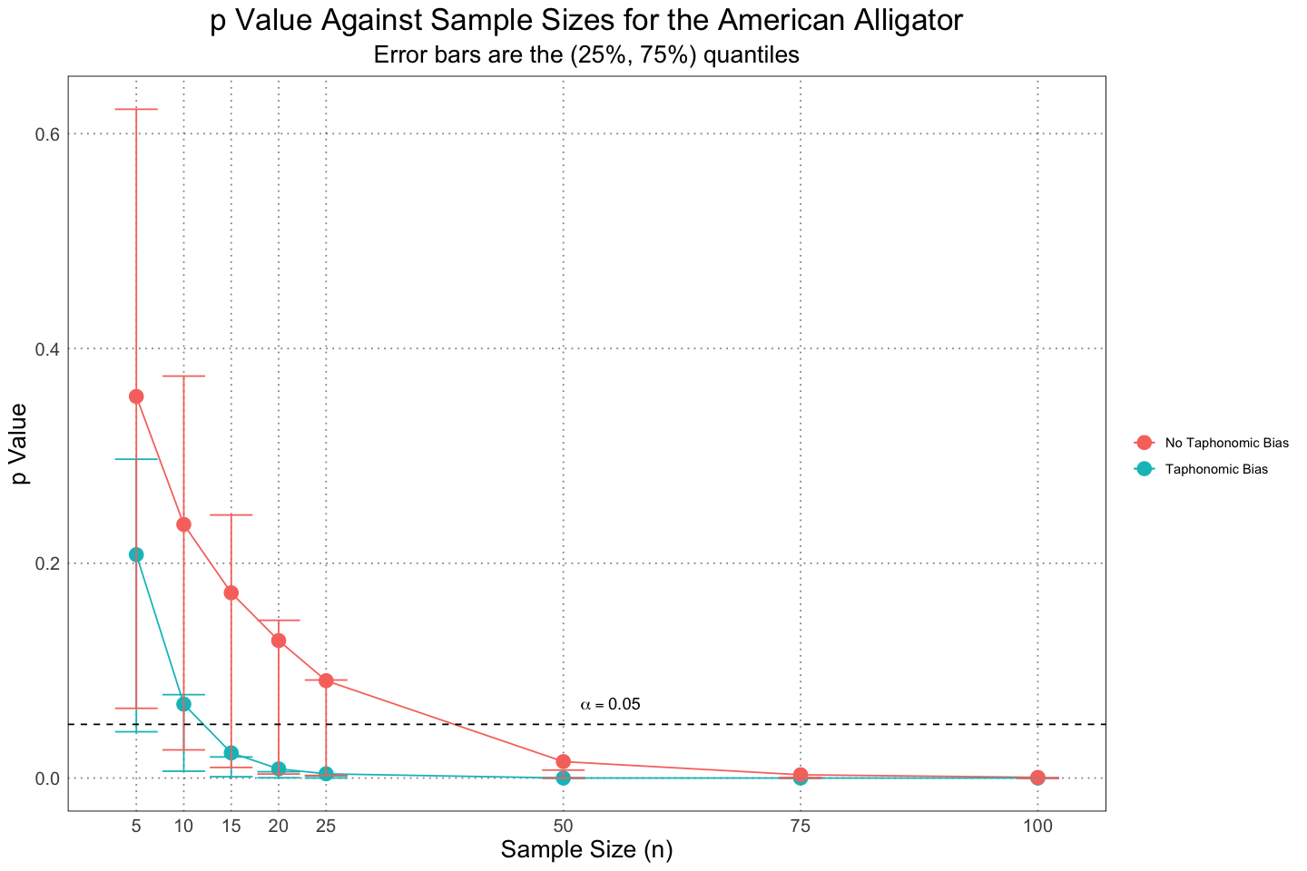 p Value against sample size for the american alligator, with and without taphonomic bias